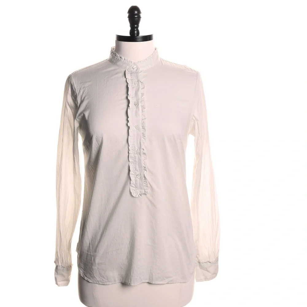 Y2K J.Crew Ruffle Trim Stand Up Collar Long Sleeve Pullover Blouse White Small